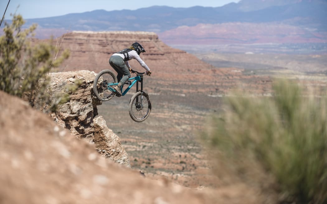 Robin Goomes hits The Scissor drop from the top at Red Bull Formation in Virgin, Utah.