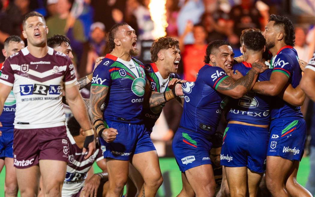 Warriors celebrate winger Roger Tuivasa-Sheck try against Manly.