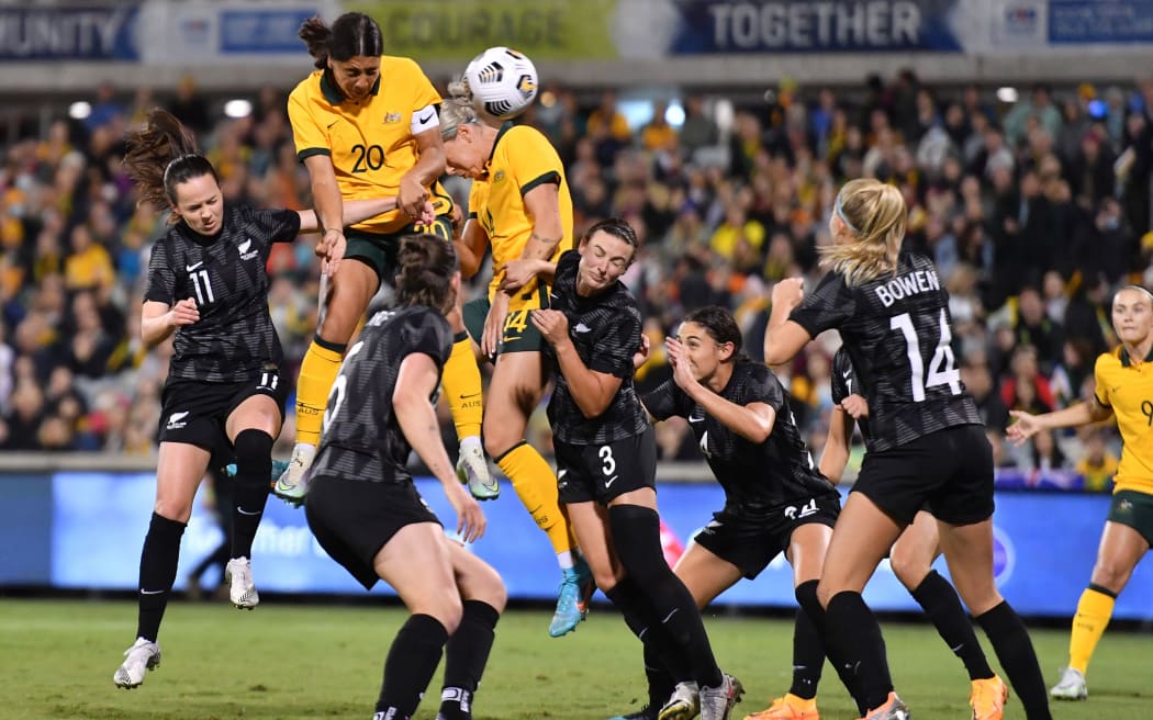 Sam Kerr of Australia scores with a header during the International friendly match between the Australian Matildas and the New Zealand Football Ferns 2022.
