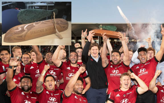 The Super Rugby Aotearoa trophy after it suffered minor damage after it was secured by the Crusaders.