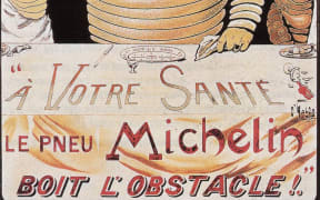 1898 Michelin Poster showing well-heeled Michelin man with pince nez and champagne