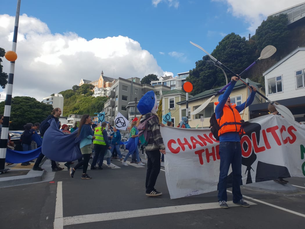 Climate change protesters took over Wellington's Oriental Parade in central Wellington on Saturday.