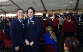 Leah Bell (right) with schoolmate Tori van der Hayden at Koroneihana