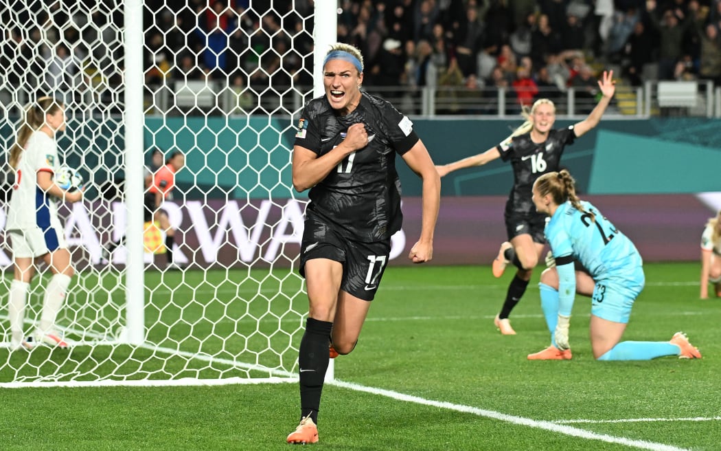 New Zealand's Hannah Wilkinson celebrates her goal during the Football Ferns win over Norway.