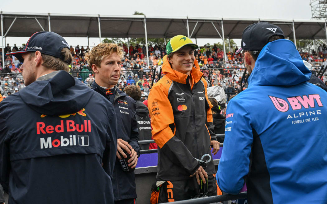 Max Verstappen, left, Liam Lawson and Oscar Piastri at the Australian Grand Prix, 16 March, 2025.