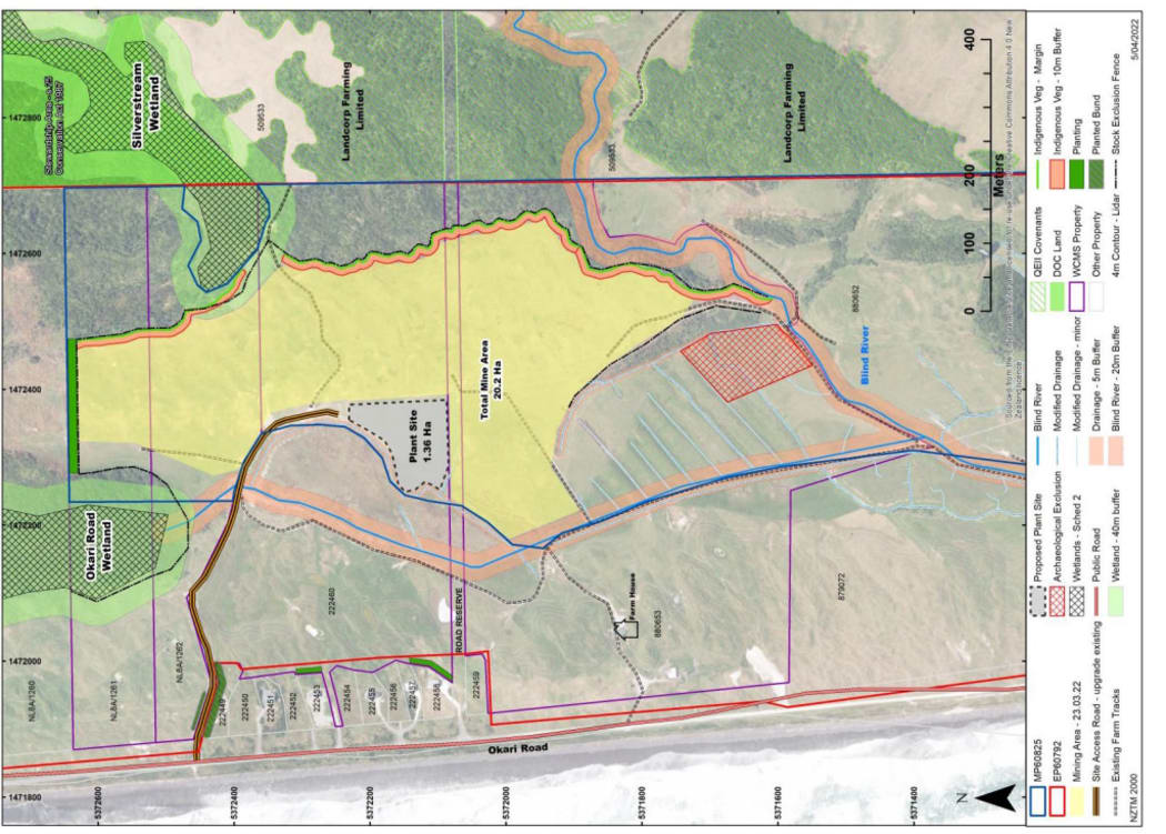 Map of the proposed Westland Mineral Sands mine site at Okari, Cape Foulwind.