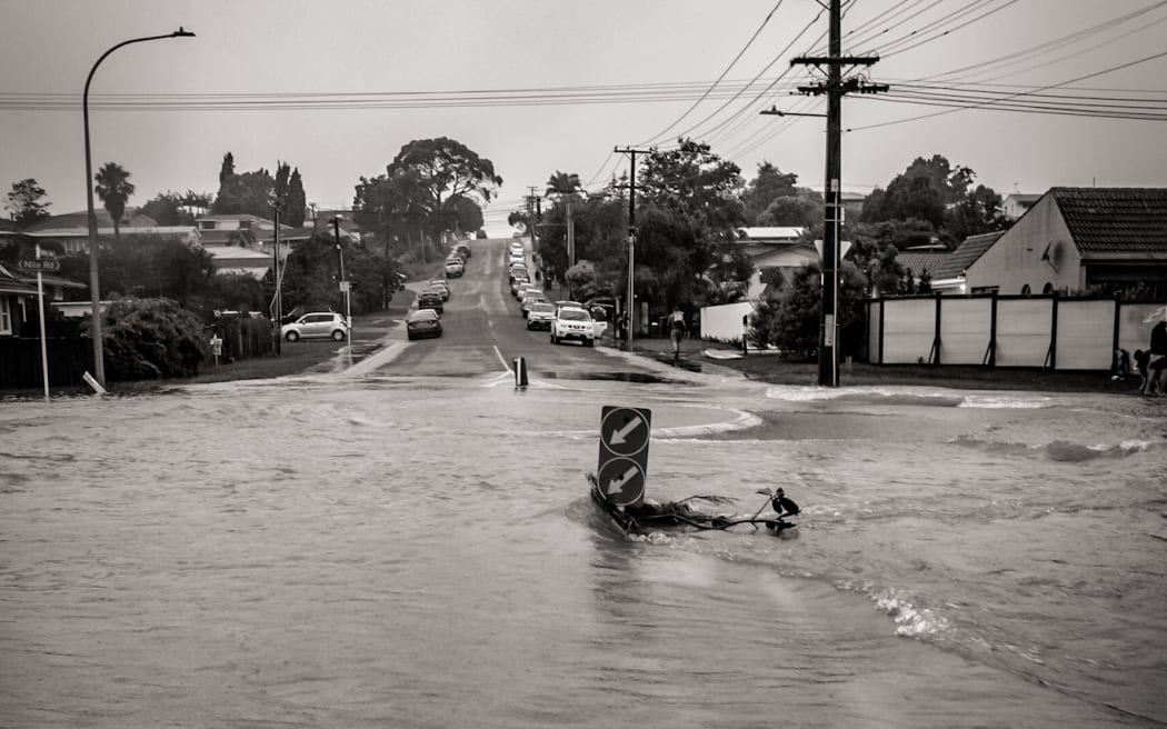 A section of a road in Milford flooded during the severe thunderstorm that hit Auckland.