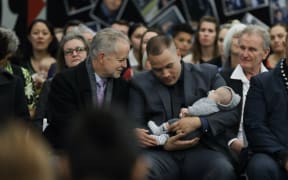 Children's Commissioner Andrew Becroft with Labour MP Tamati Coffey and his newborn baby.