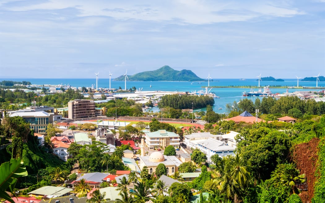 Overlook of colourful Seychelles capital Victoria, Mahe island
