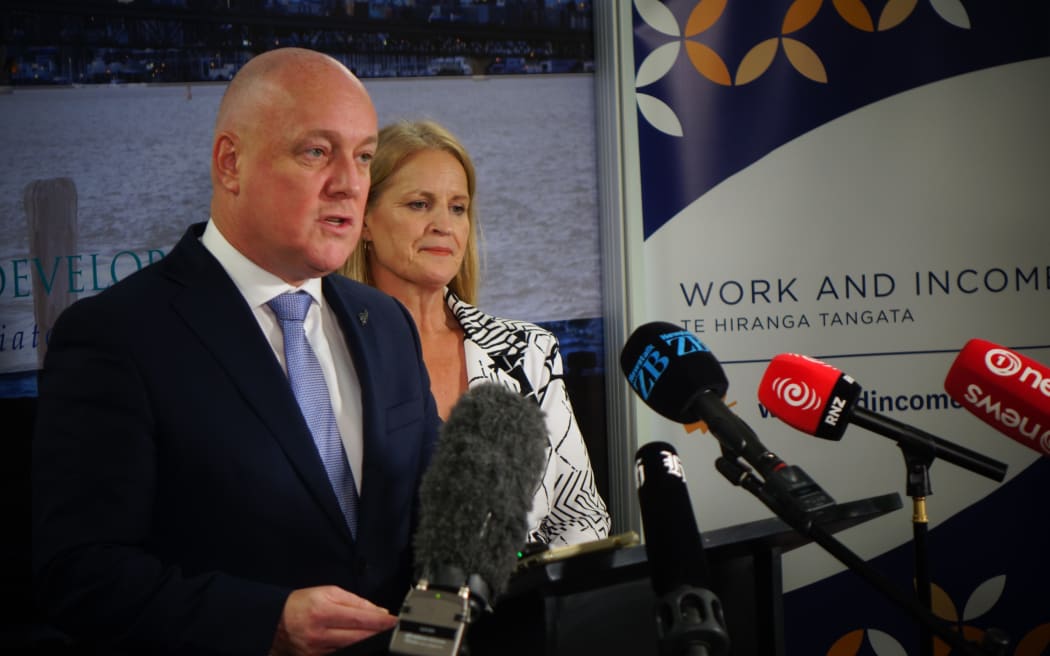 Prime Minister Christopher Luxon and Social Development Minister Louise Upston at the announcement that parents earning more than $65,000 must support their 18-19-year-old children, with the government tightening eligibility for Jobseeker benefits.