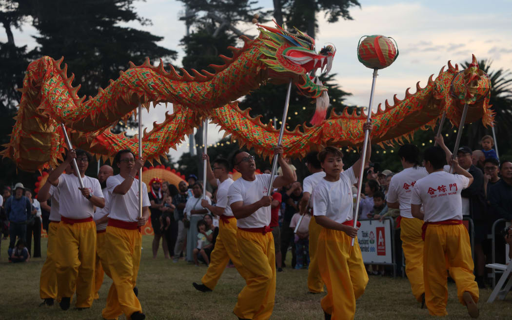 A dragon dance at the 2024 Auckland Lantern Festival.