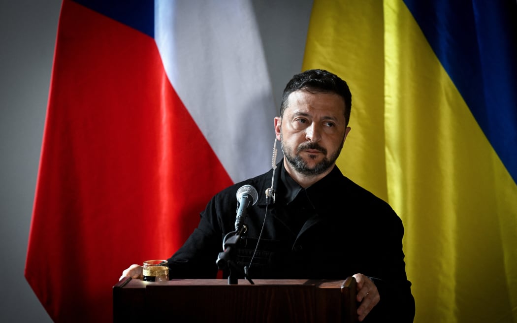 Ukrainian President Volodymyr Zelensky addresses a press conference with his Czech counterpart in Prague Castle, Czech Republic, on May 4, 2025. Ukrainian President Volodymyr Zelensky arrived in Prague for a two-day visit, Czech politicians said. (Photo by Michal Cizek / AFP)