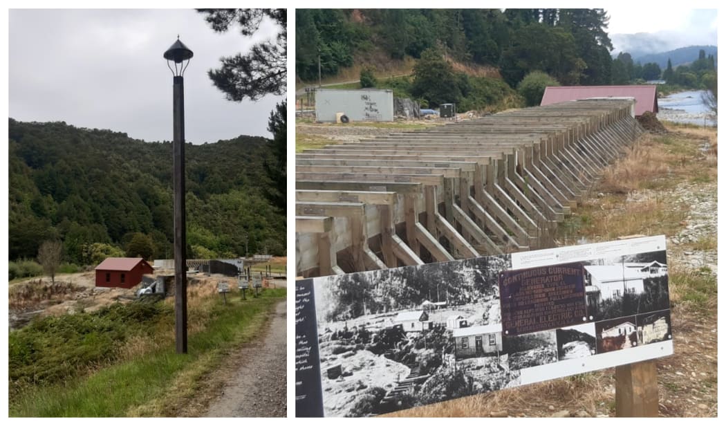 A replica of the 1888 powerhouse building (left) and the wooden flume that leads to the station (right).