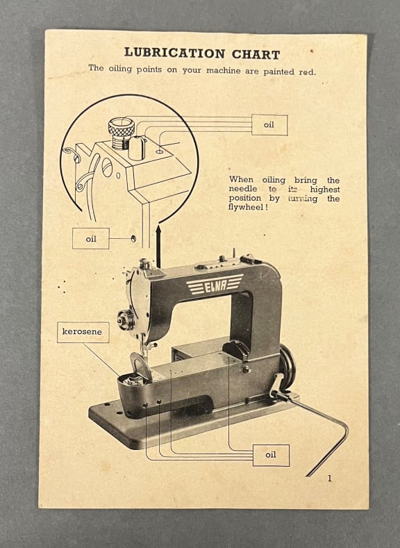 Lubrication chart for an Elna sewing machine. 1961. Eph-Sewing and knitting. Auckland Libraries Heritage Collections.Lubrication chart for an Elna sewing machine. 1961. Eph-Sewing and knitting. Auckland Libraries Heritage Collections.