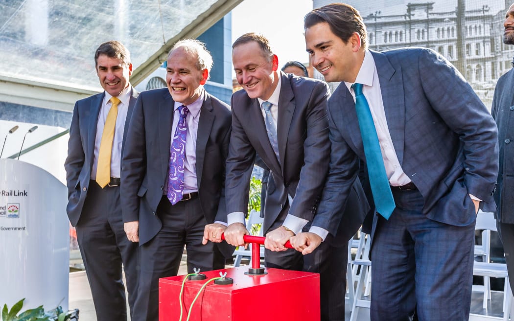 Len Brown at the formal ground breaking for the City Rail Link Project with Auckland Transport chair Lester Levy (L) the Prime Minister John Key and the Transport Minister Simon