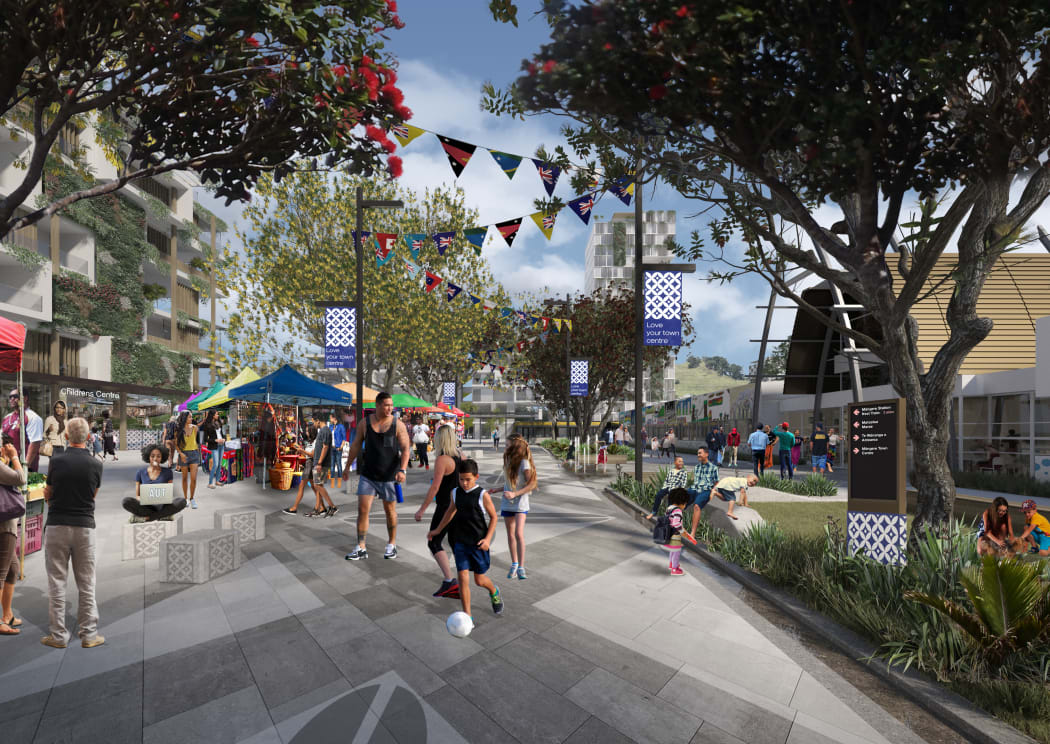 A visualisation of the Māngere town centre station.