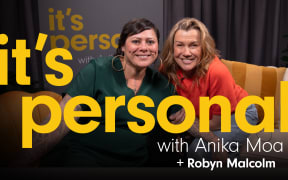 Photo of Anika Moa and guest smiling. They are sitting on the couches where the interview takes place. The podcast title ‘It’s Personal with Anika Moa ’ Is written Plus the guest’s name,