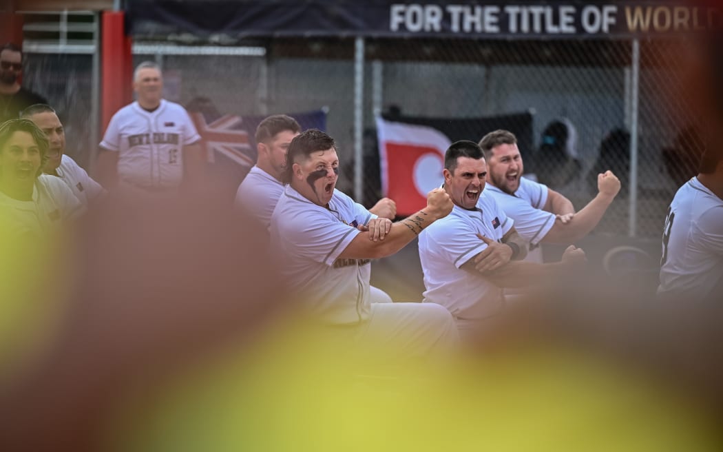 The New Zealand Black Sox perform a haka against Venezuela in the WBSC Mens Softball World Cup Gold Medal match in Prince Albert, Canada 2025.