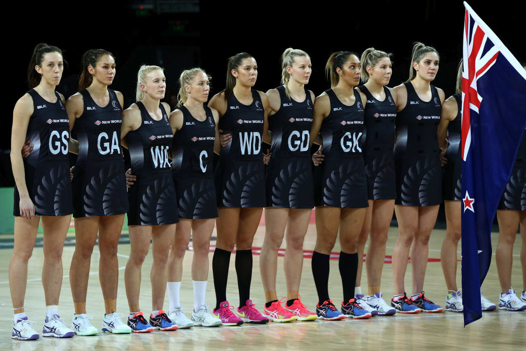 Silver Ferns during national anthem for Quad Series match