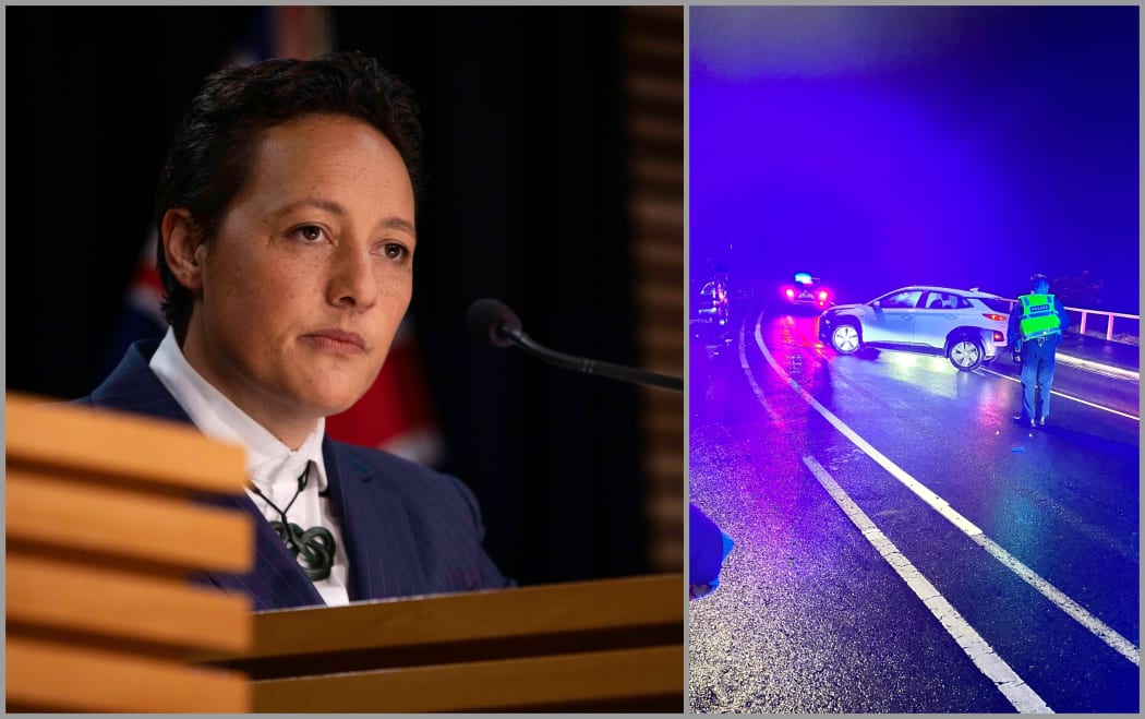 Kiri Allan, left and her self-drive car on Sunday night which was involved in a crash in Wellington.