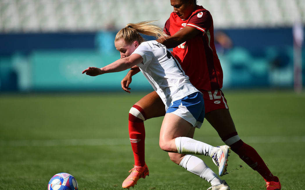 Football Ferns' Katie Kitching in action during the Paris Olympics 2024 Football game between Football Ferns vs Canada at Stade Geoffroy-Guichard, in Saint-Étienne, France. Thursday 25 July 2024. Copyright Photo: Raghavan Venugopal / www.photosport.nz