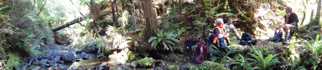 Lunch spot in a dinosaur forest: GNS Science palaeontologists John Simes and James Crampton and Forest Lifeforce Restoration Trust land manager Pete Shaw take a break from the hard work involved in hunting for fossil bones.
