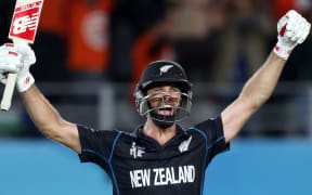 Grant Elliot celebrates the dramatic win. "I really did feel the pressure," he said after the match.