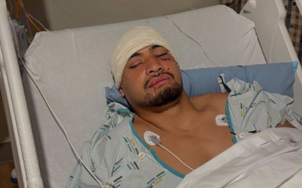 Melbourne Storm star Eli Katoa in the hospital following his injury after a test against New Zealand earlier this month.