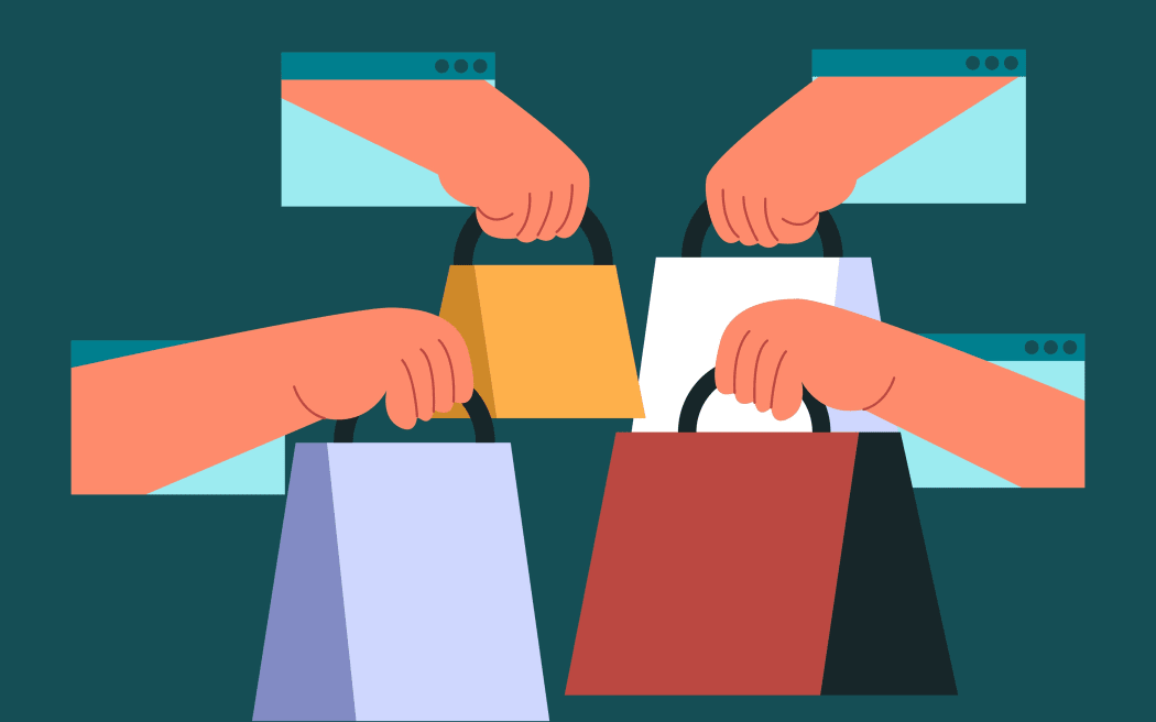 An illustration of hands popping out of web windows handing out bags of goodies.