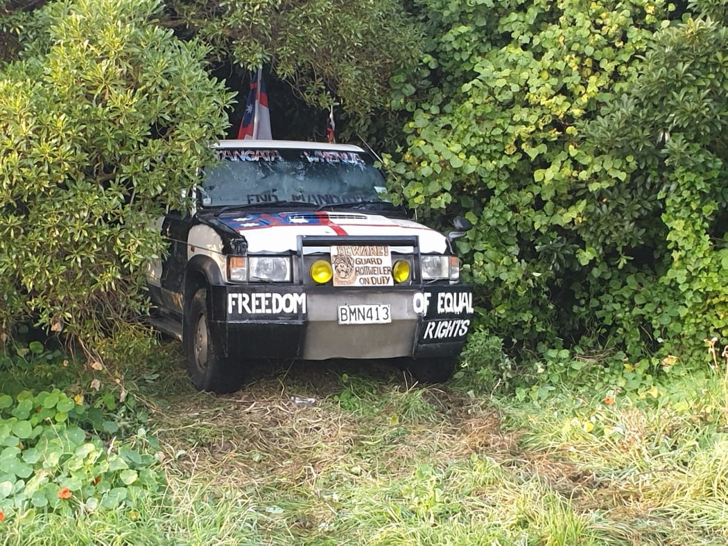 A vehicle covered in protest slogans is seen parked on the Miramar Peninsula, Wellington, on 4 March, 2022, two days after anti-mandate and other protesters were expelled from Parliament grounds.