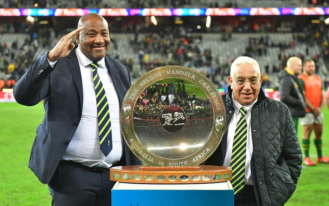 Gayton McKenzie (Minister of Sports, Arts and Culture of South Africa) and Mark Alexander (President of SA Rugby) during the Castle Lager Rugby Championship match between South Africa and Australia at DHL Stadium.