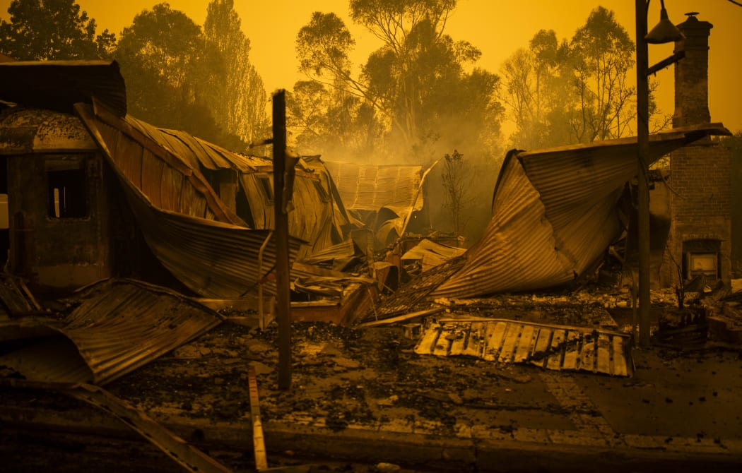 The remains of burnt out buildings are seen along main street in the New South Wales town of Cobargo on December 31, 2019, after bushfires ravaged the town.