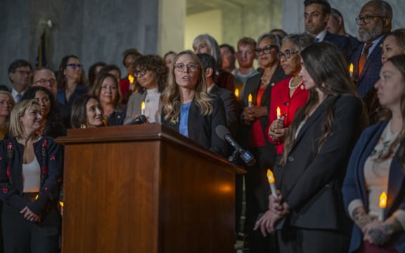 Annie Farmer, one of the women who reported Jeffrey Epstein for sexual crimes, speaking at a candlelight vigil honoring survivors of his crimes, on 18 November, 2025, after US lawmakers voted overwhelmingly to release government files on the convicted sex offender.