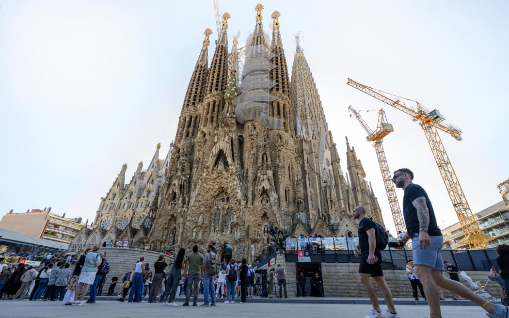 The structure, facade details, and towers form the complete building of the Sagrada Familia cathedral designed by architect Antoni Gaudi in Barcelona, Spain, on 9 October 2024.