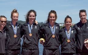 Medal-winners from the final day of the world cup kayaking regatta in Portugal (L-R). Lisa Carrington, Caitlin Ryan, Aimee Fisher, Kayla Imrie, Jaimee Lovett and Marty McDowell.
