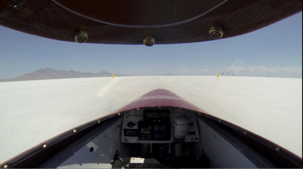 A view of the salt lake from inside the Killajoule motorcycle.