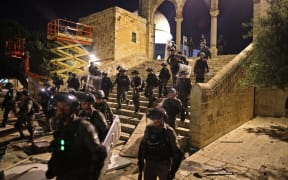 Israeli security forces deploy in Jerusalem's al-Aqsa mosque compound on May 10, 2021 during clashes with Palestinians.