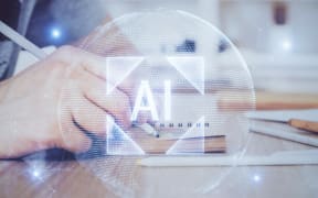 Human's hands with tech theme double exposure icons. Concept of big data.