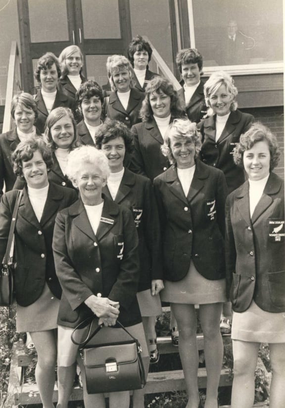 The 1973 World Cup team. Maureen Peters is in the back row at right. Lynda Prichard is in the second row at left, and Judi McCarthy at right. Bev Brentnall is second from right in the front.