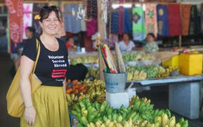 Kate Wareham shops in markets at Apia, Samoa.