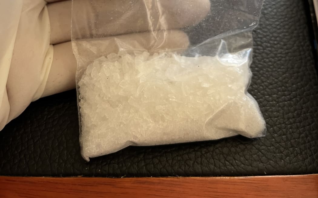 A bag of methamphetamine seized by police at one of the Ashburton properties.