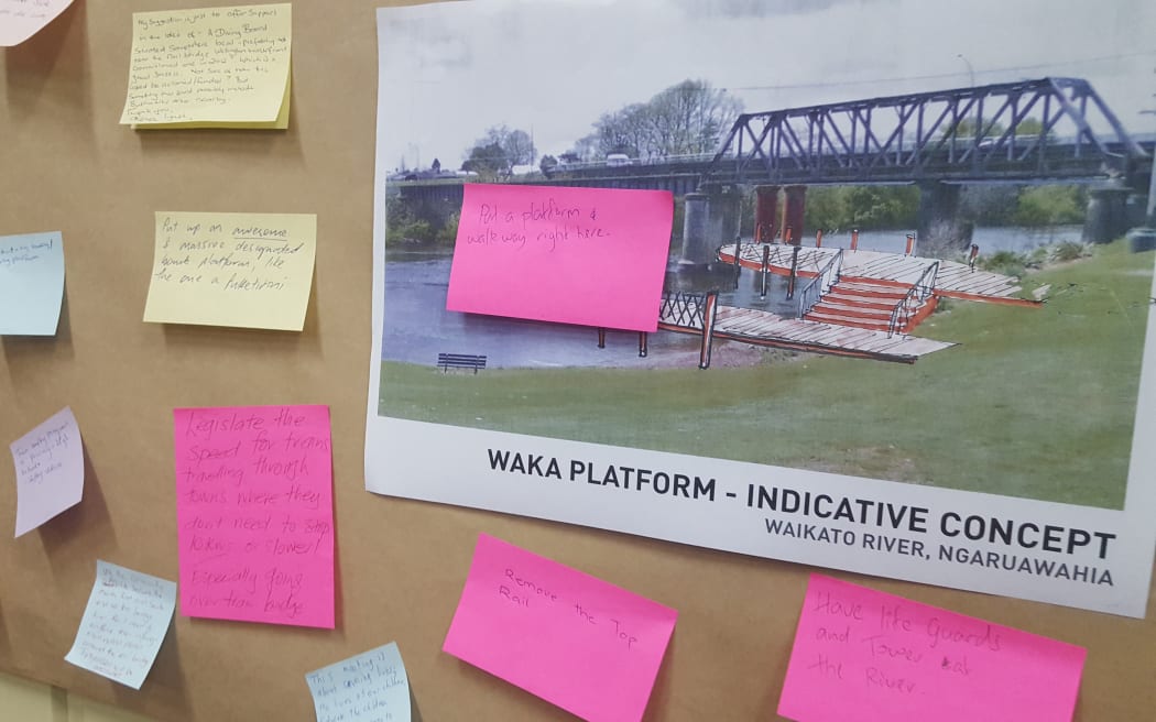 Ngāruawāhia locals at a meeting leave sticky notes on the walls at the memorial hall with suggestions for how to prevent further deaths at the rail bridge.