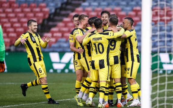 Gary Hooper of Wellington Phoenix celebrates scoring  a penalty goal