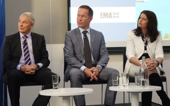 Auckland mayoral candidates Phil Goff, Mark Thomas and Vic Crone at their first debate, a business breakfast.