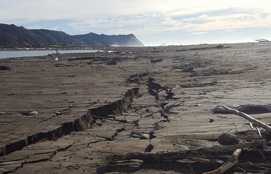 A 7.1 magnitude earthqauke left large cracks in the sand at Rangitukia Beach near Te Araroa.