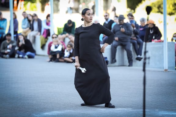Mau Wahine Company commemorates the 125th anniversay of women's right to vote in New Zealand on the forecourt of Parliament.