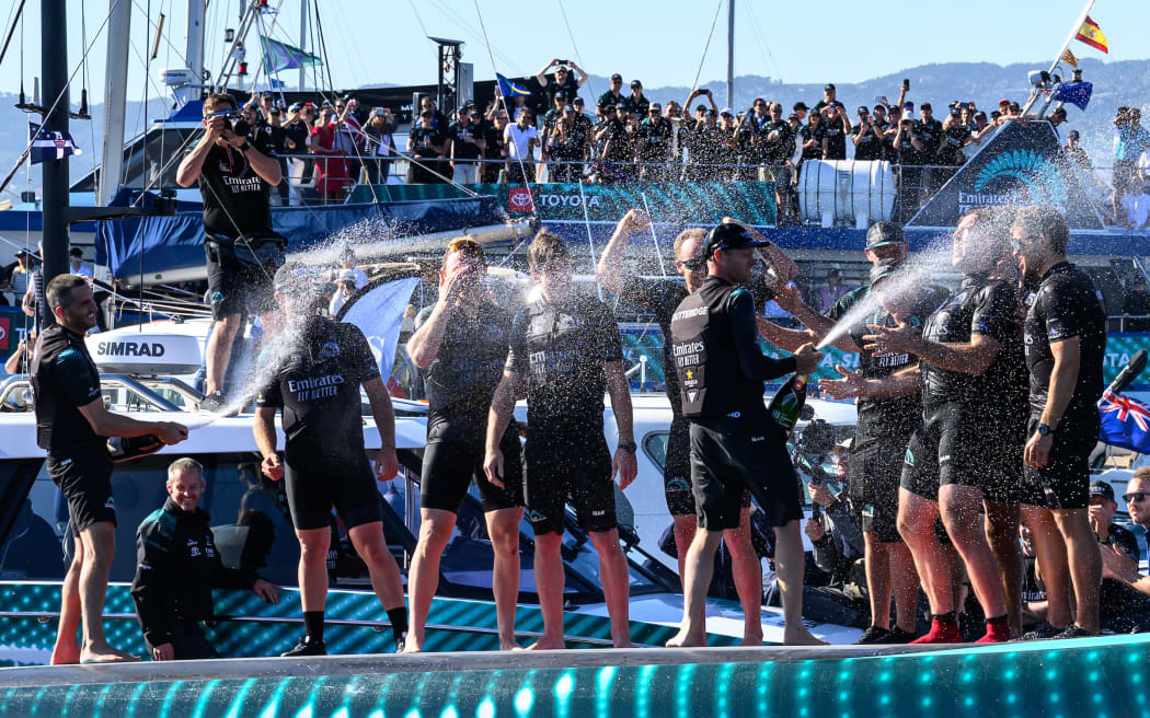 Team New Zealand celebrate winning the final race (race day 6) of the 37th America's Cup, 19 October, 2024.
