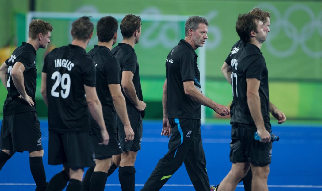 Former Black Sticks men's coach Colin Batch with the team shortly after their Rio Olympics quarter-final loss to Germany
