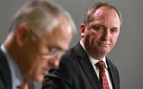 Australia's Deputy Prime Minister Barnaby Joyce looking at Prime Minister Malcolm Turnbull during a press conference in Sydney in 2016.