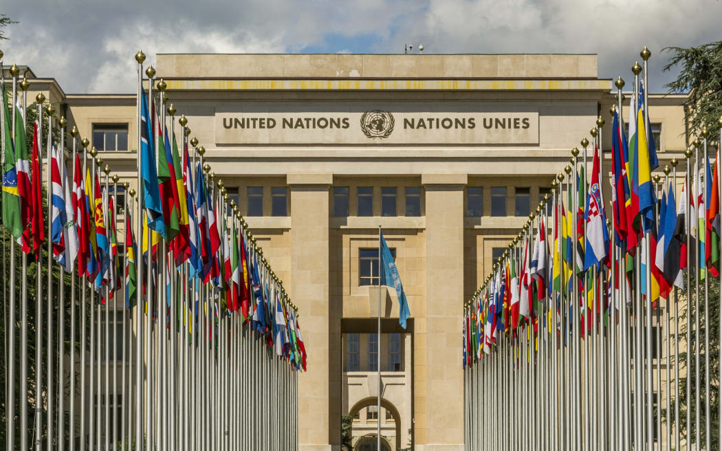 Switzerland. Geneva Canton. Court of Flags in the United Nations Office in Geneva (photo of Bernard Jaubert / Single World / Single France through AFP)